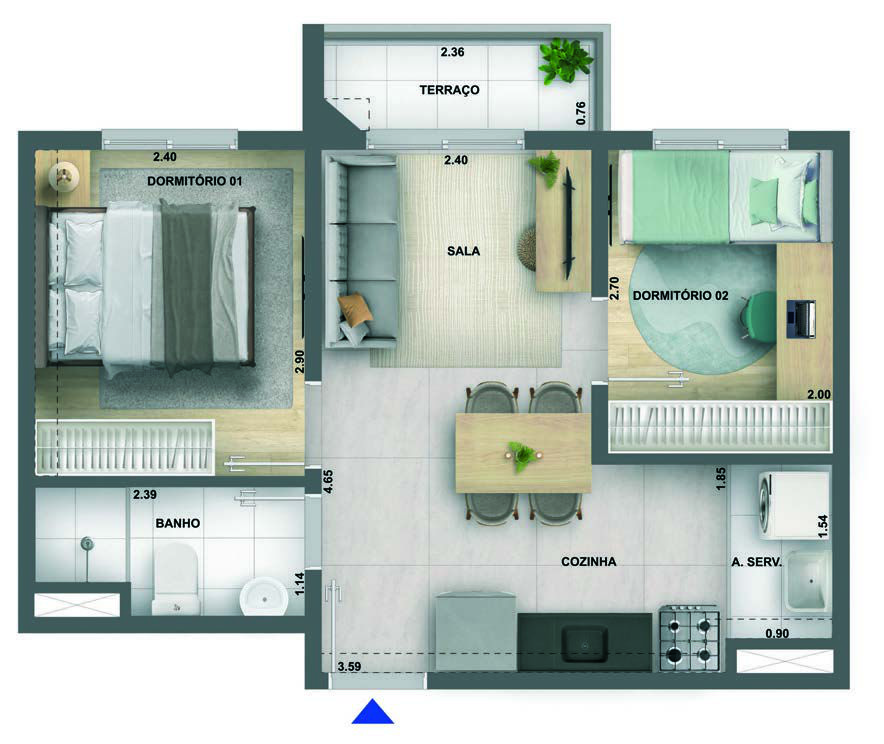 2 DORMS. COM TERRAÇO 36,80M2