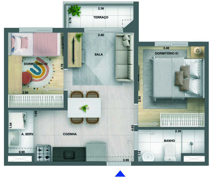 2 DORMS. COM TERRAÇO 36,83M2