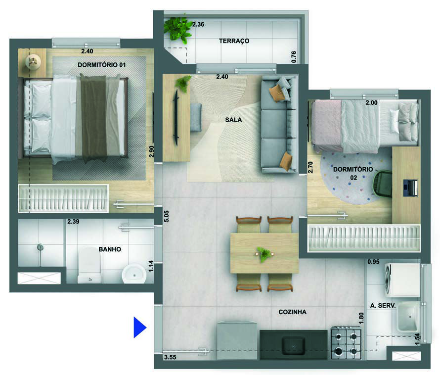 2 DORMS. COM TERRAÇO 37,86M2