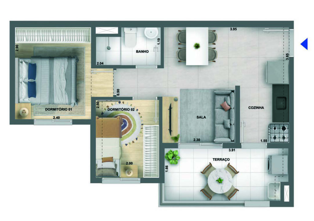2 DORMS. COM TERRAÇO 42,31M2